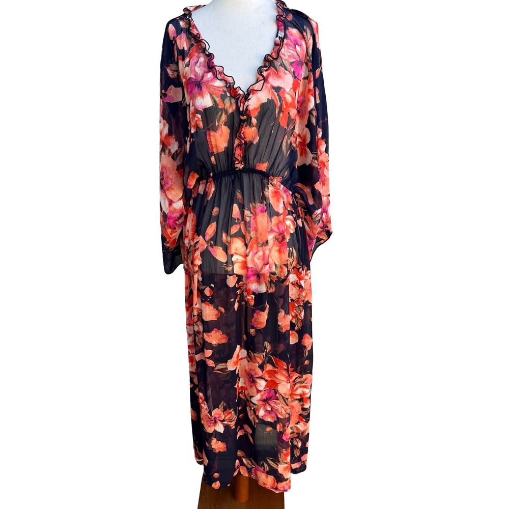 Curations Boho Ethereal Flowy Floral Sheer Maxi Dress Swim Cover Up Ruffle L